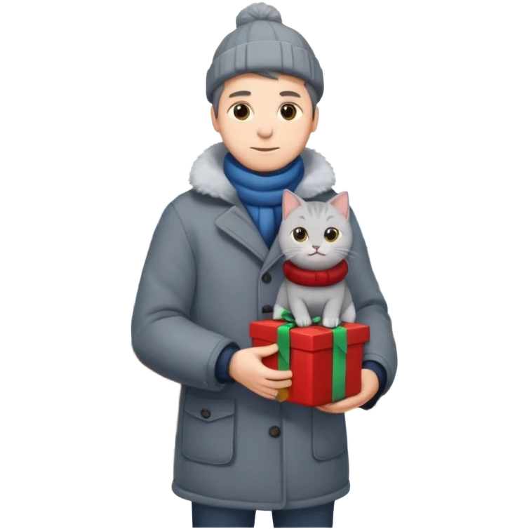 man houd kat vast en staat op dak met cadau`s emoji