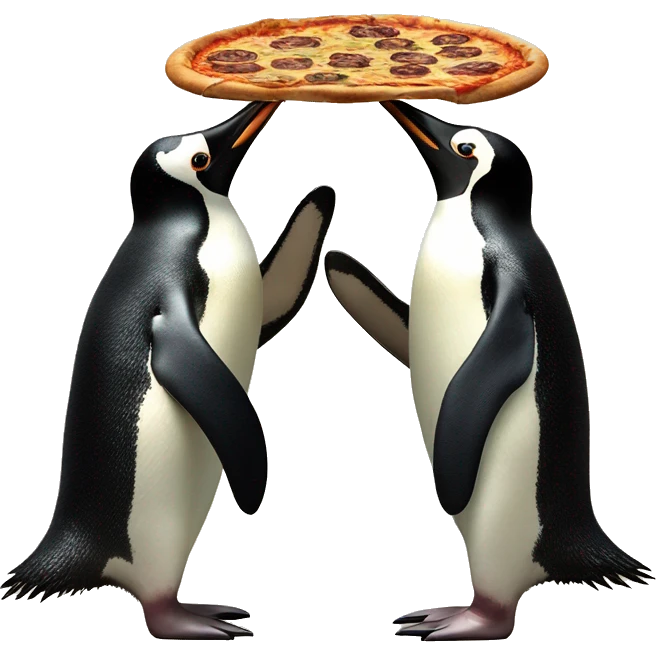 2 penguins fighting over a piece pizza ￼ emoji