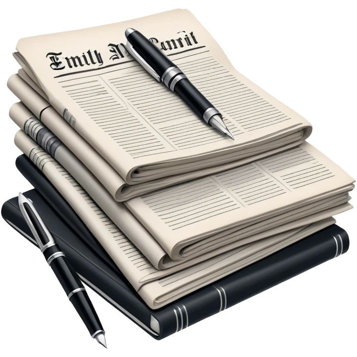 Create an emoji representing journalism and publicistic writing. The design should feature a stack of newspapers as the base, with an open working notebook placed on top of them. A single fountain pen should rest on the very top of the notebook, symbolizing the act of writing. Use neutral, professional colors like black, white, and muted tones to convey a sense of seriousness and intellect. Do not include any emojis or smiley faces. Make the background transparent. emoji