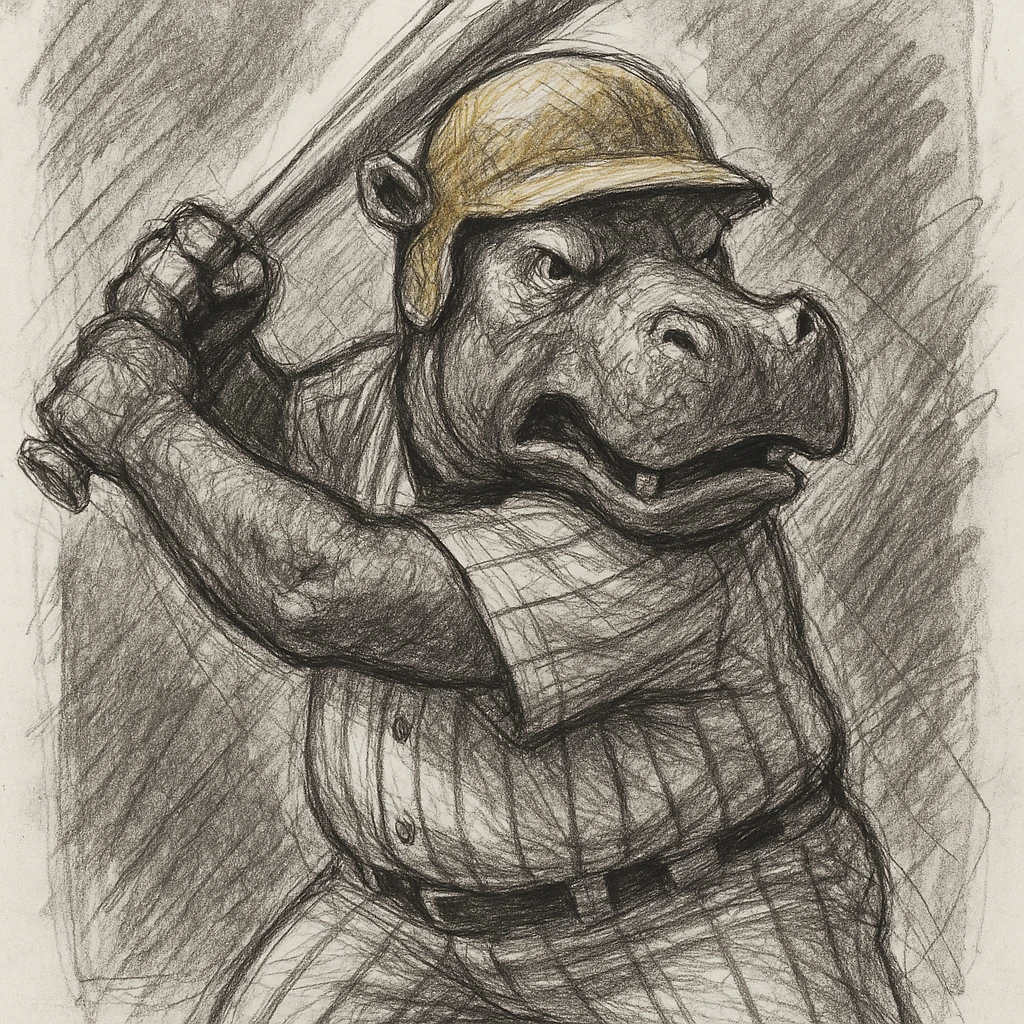 hippo holding a baseball bat, wearing a yellow helmet, pinstripes outfit emoji