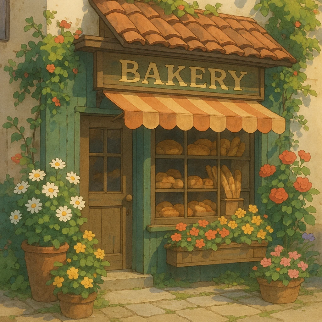 small bakery storefront with flowers, ghibli style emoji