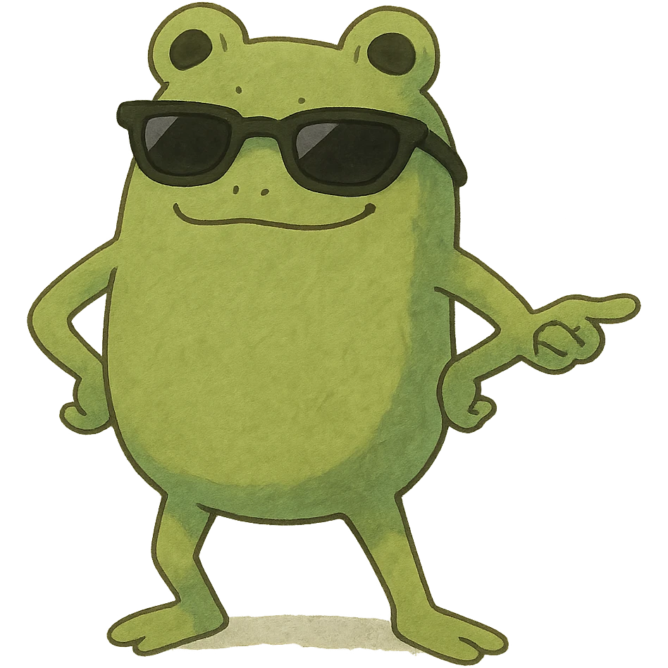cool bean character with frog features, wearing sunglasses, confident and playful emoji