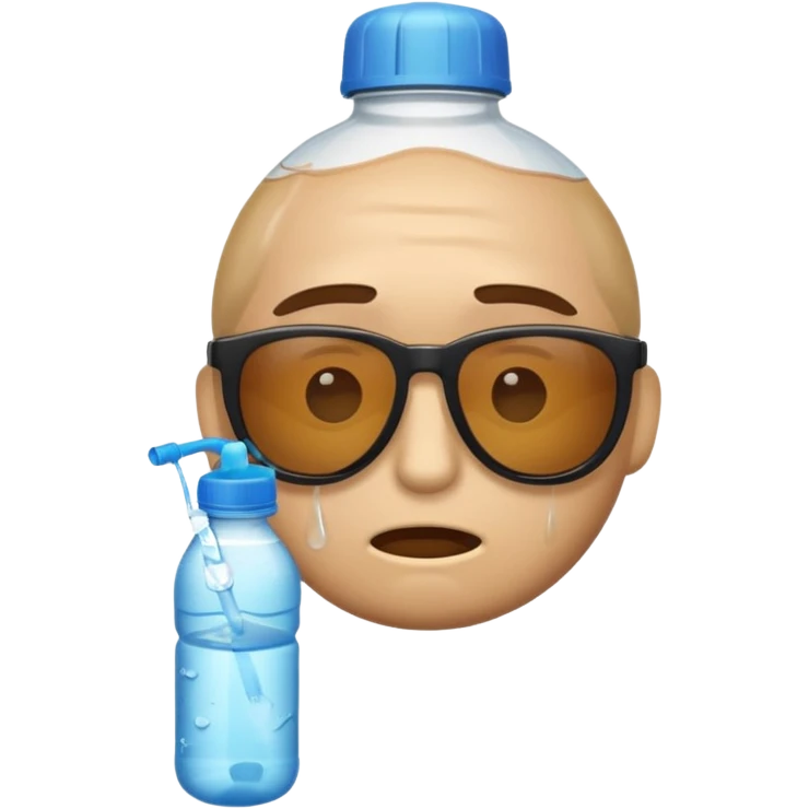 classic emoji style face with sunglasses, pained expression, and a water bottle, looking hungover emoji