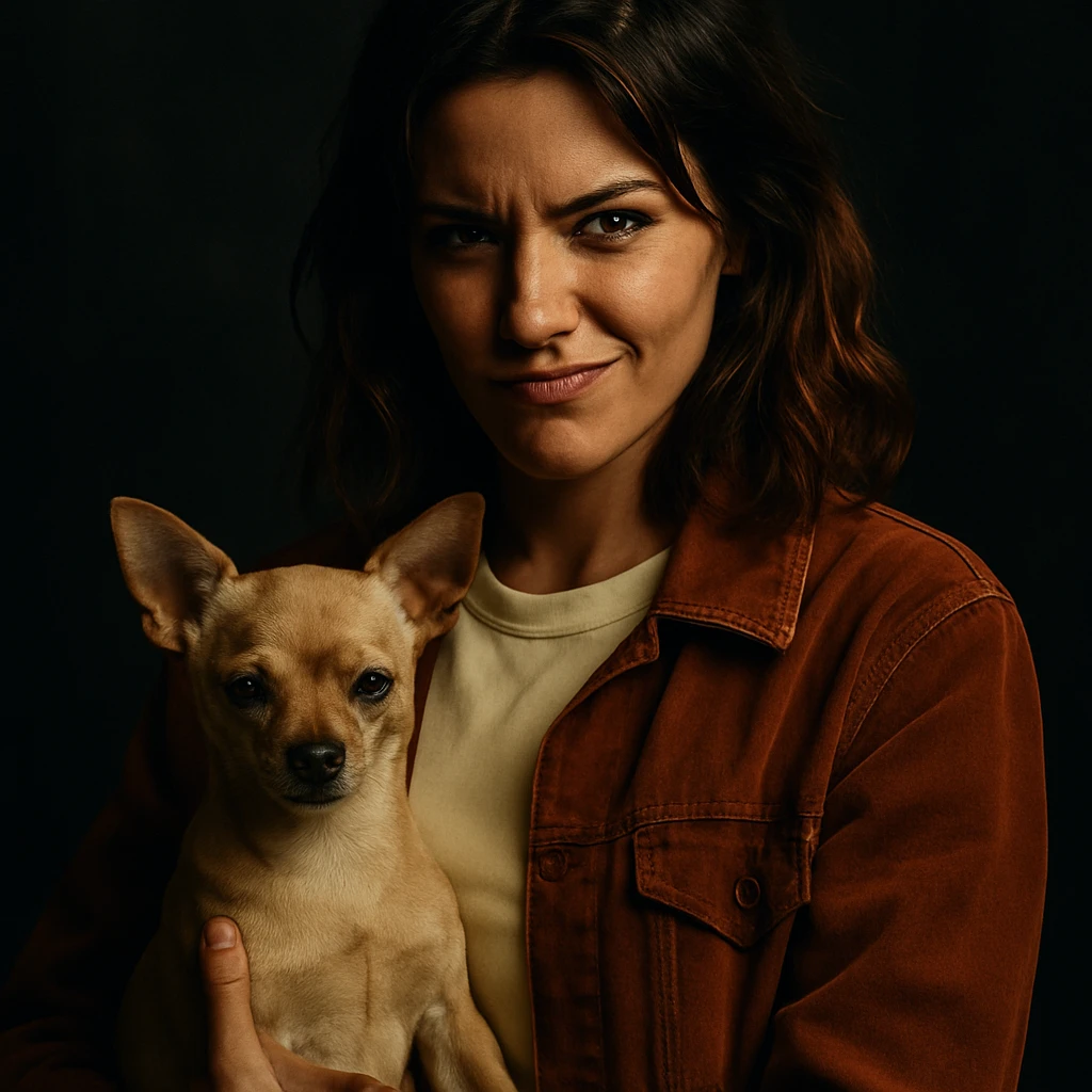 portrait style Netflix series, woman with tanned skin, subtle freckles, pale yellow shirt color #FFF8CA, rust-colored jacket, medium-length brown hair with auburn highlights, rebellious and playful expression, holding a beige-brown chihuahua, dark background, dramatic atmosphere, cinematic lighting emoji