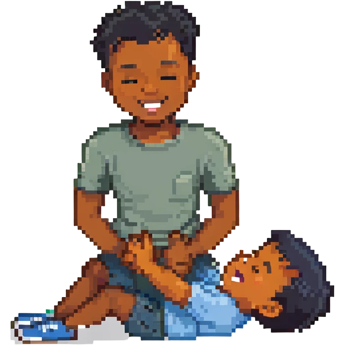 a black man tickling a boy with short black hair emoji