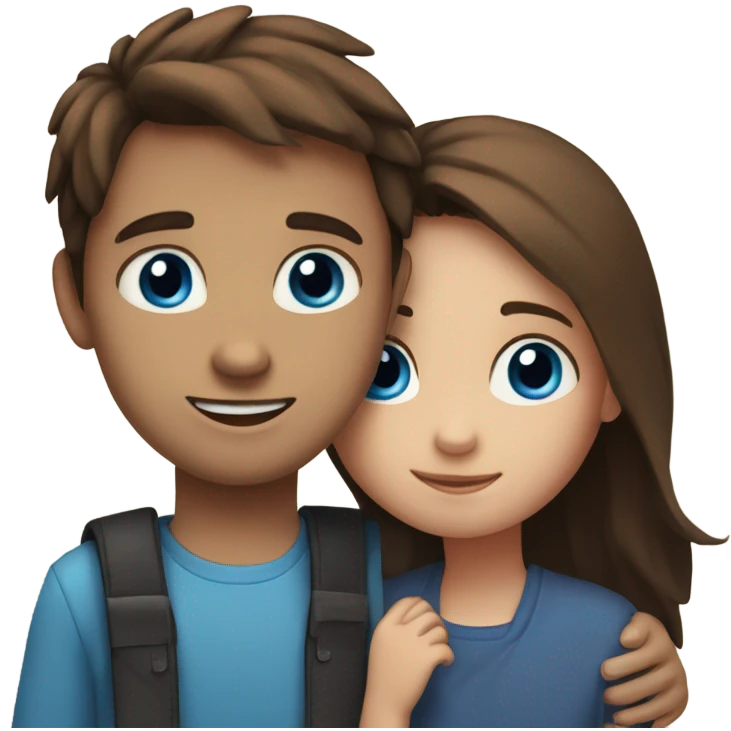 Girl with brown hair and blue eyes hugs boy with dark brown straight hair and blue eyes emoji