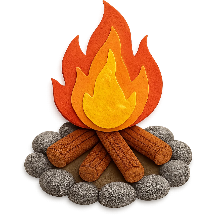 very detailed campfire in paper craft style, highly textured flames, realistic wood logs, textured rocks surrounding the fire emoji