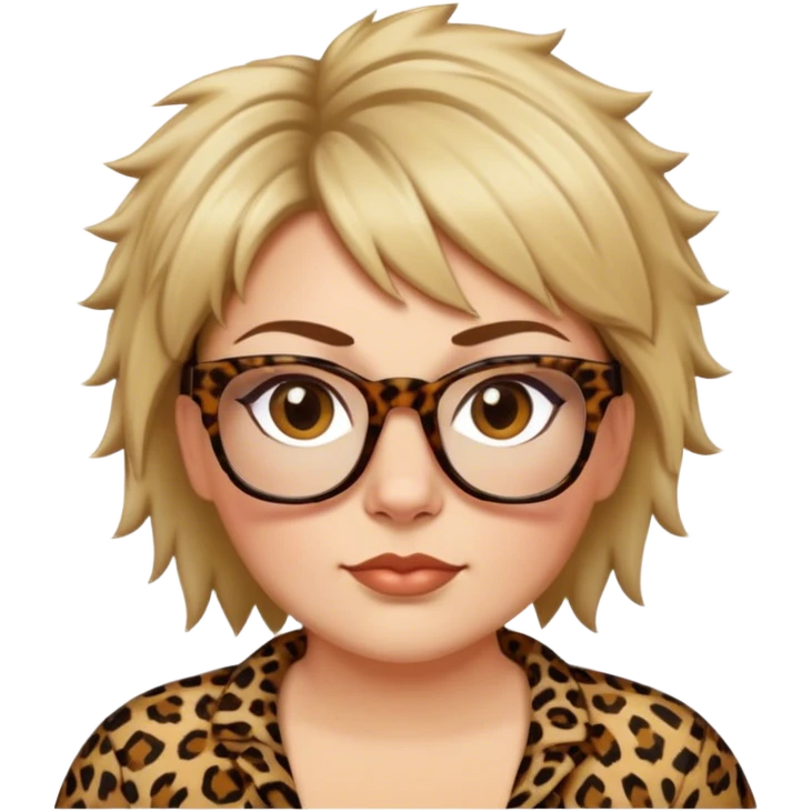  plus size white women dressed in leopard with short medium brown and blonde shaggy spiked hair wearing glasses with hazel color eyes and wide flat nose emoji
