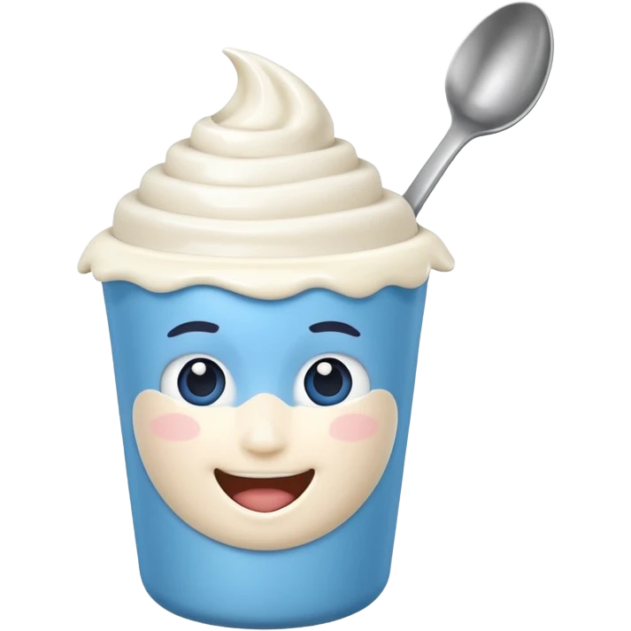 A 3D cartoon yogurt cup with a spoon, creamy white top, Memoji-style rendering. emoji