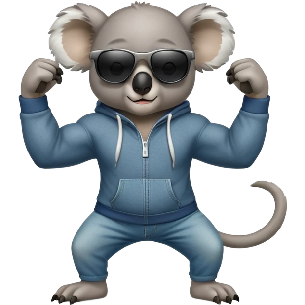 anthropomorphised koala, full body, wearing a hoodie and jeans, dark sunglasses, flexing muscles emoji