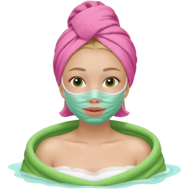 a girl with a facial mask green with a pink towel and a bath  emoji