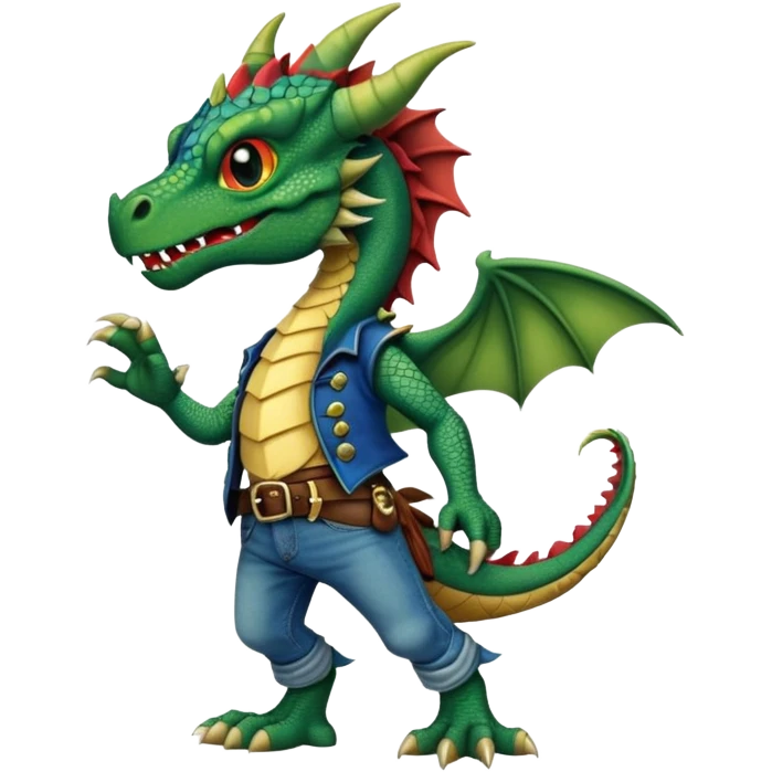 anthropomorphised dragon in a band t-shirt and jeans wearing a pirate eye-patch walking upright emoji