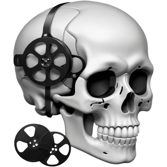 Minimalist emoji-style sticker of a human skull in profile, with a film reel replacing the brain. Grayscale icon with bold silhouette.
 emoji