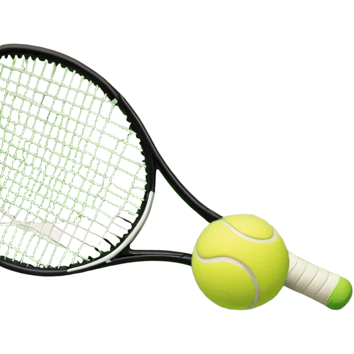 A tennis racket and a ball placed on the ground, with a tennis court in the background. The court lines and net are visible, emphasizing the structure and focus of the sport, creating a dynamic and energetic vibe. emoji