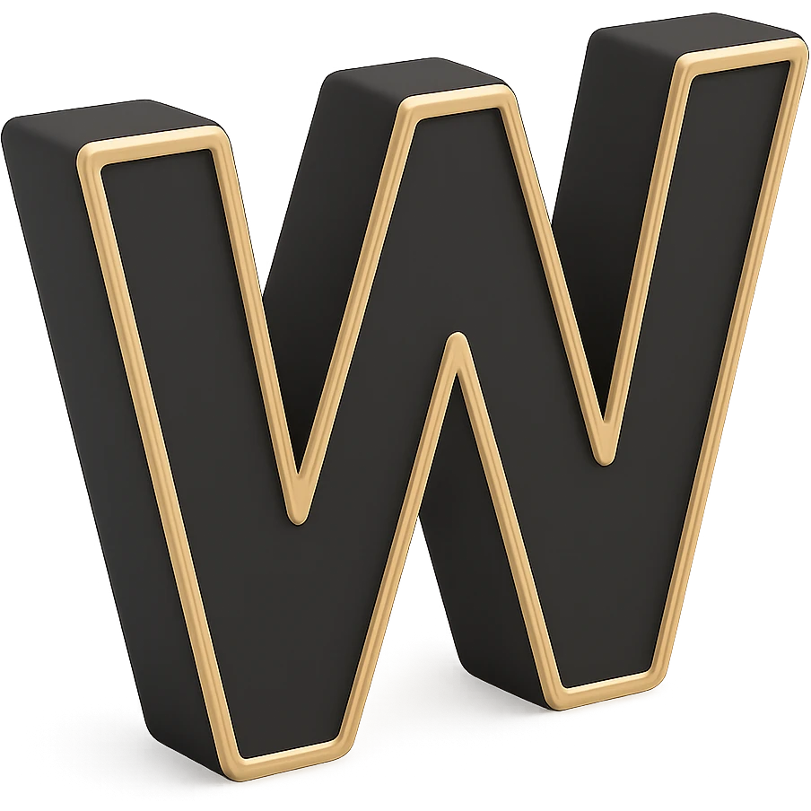 Create the letter W in the 3D Black style, matching the bold, clear, gold-edged look of the reference letter A. emoji