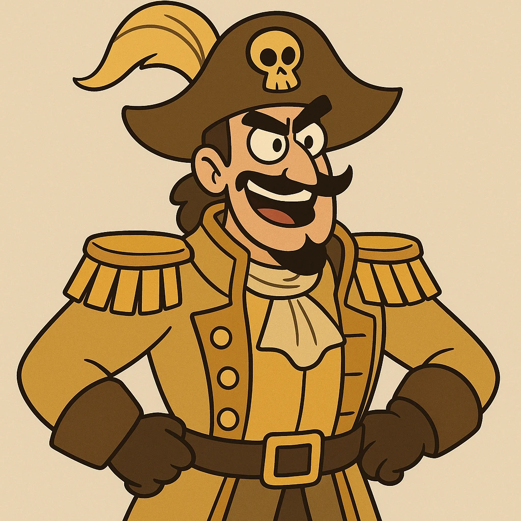 a pirate in a golden uniform and a hat with a golden feather, cartoon style, bold lines emoji