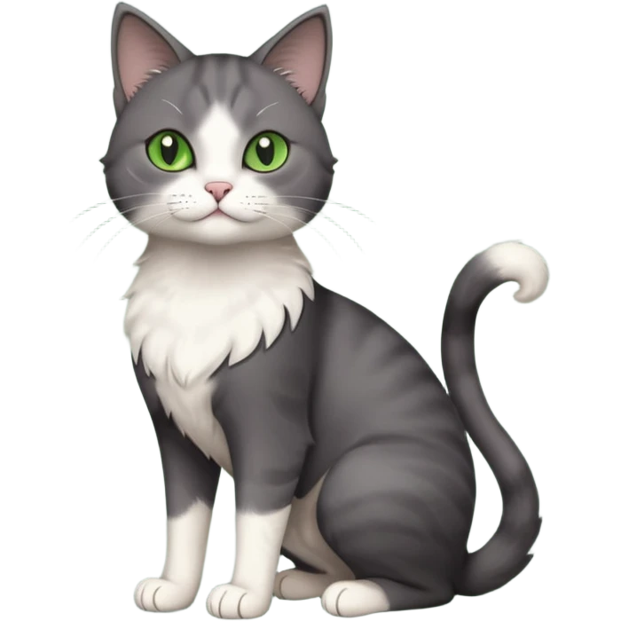 full body view of beautiful female solid dark grey cat with green eyes, white toes/paws and white patch on her chest emoji
