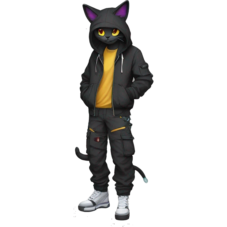 Edgy Anthro cool pretty dark cat-Pokémon-fursona techwear cargo pants hoodie emoji