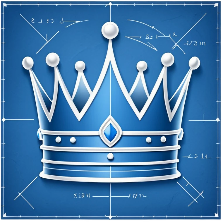 side perspective of a blue blueprint plan with white lines forming a crown sketch emoji