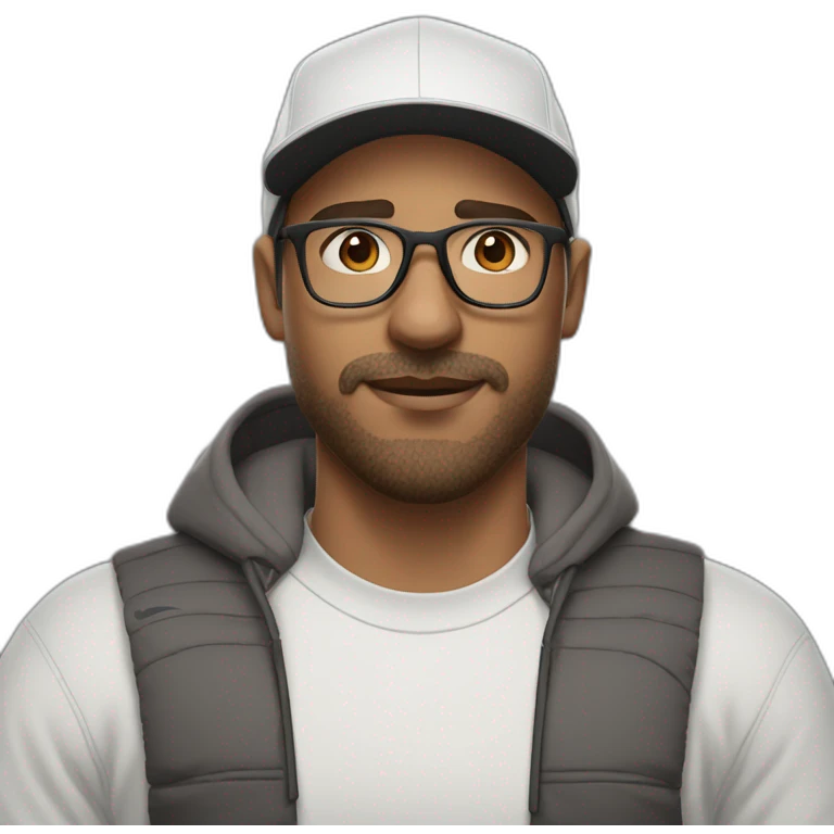 White man,brown hair, brown beard, thick eyebrows, black sight glasses. Big nose. Half closed brown eyes. Wearing a Nike cap emoji