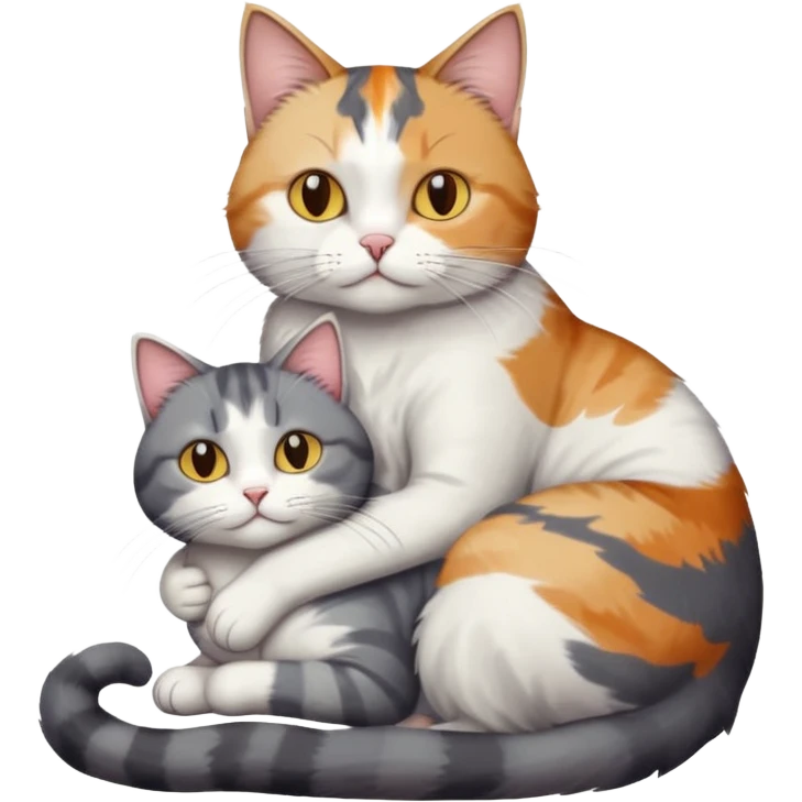 full body colourful light patched calico + white tabby cat cuddling a big grey and white cat  emoji