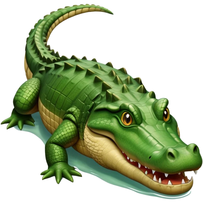 cinematic-crocodile-realistic-full-body-on all fours-emoji,-massive-scaled-body-partially-submerged-in-shallow-water,-head-tilted-dramatically,-rough-green-and-brown-hide-textured-with-deep-ridges,-simplified-yet-realistic-focused-features, head held high emoji