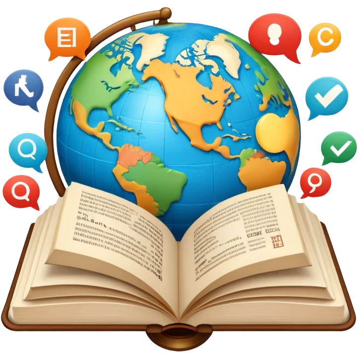 An icon featuring an open book with speech bubbles showing different alphabets—Latin, Cyrillic, Kanji. A globe and translation arrows symbolize global communication and language learning. Transparent background highlights cultural exchange and linguistic diversity. emoji
