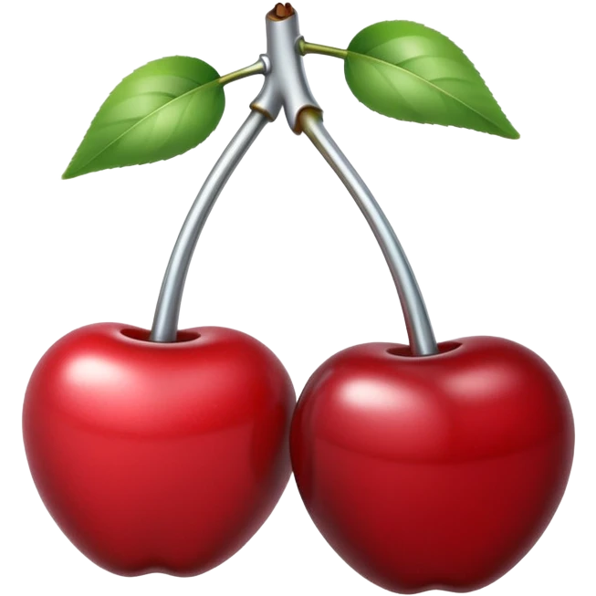 A pair of cherries emoji made of polished silver chrome, smooth rounded shapes, glossy metallic finish, soft highlights and reflections, cute proportions, iOS emoji style, centered, clean white background, no text emoji