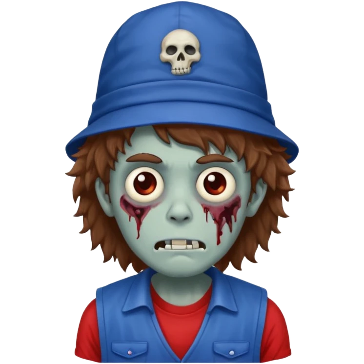 brown fluffy hair zombie with blue and white hat dark blue jilet red t shirt emoji