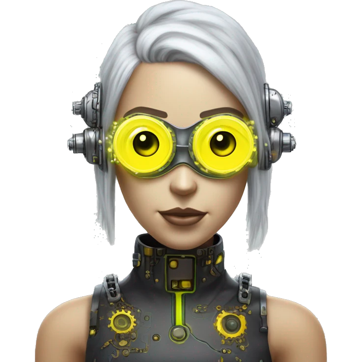 Caucasian female cyborg head with Neon yellow bobbed hair, silver steampunk goggles and circuits emoji