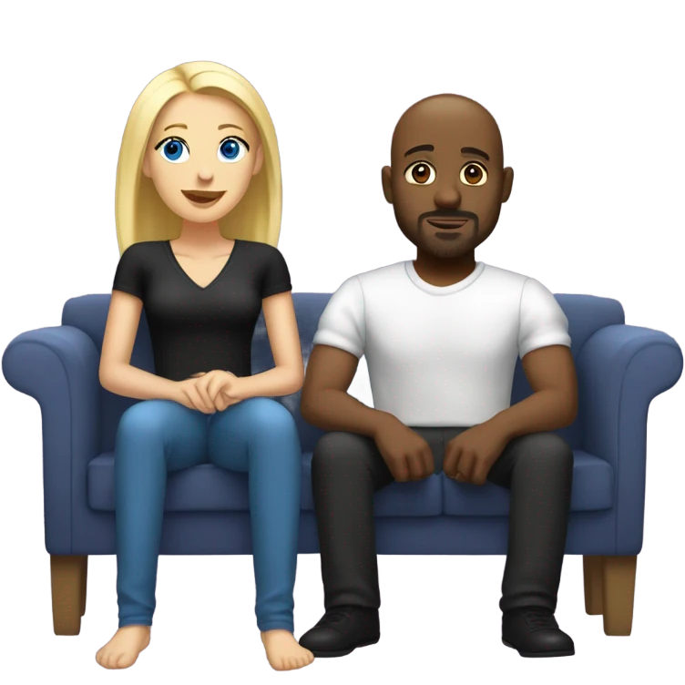 Blonde woman with blue eyes and long straight hair and black man who is bald with a goatee seated together on a sofa with their legs touching and clearly in love with each other.   emoji