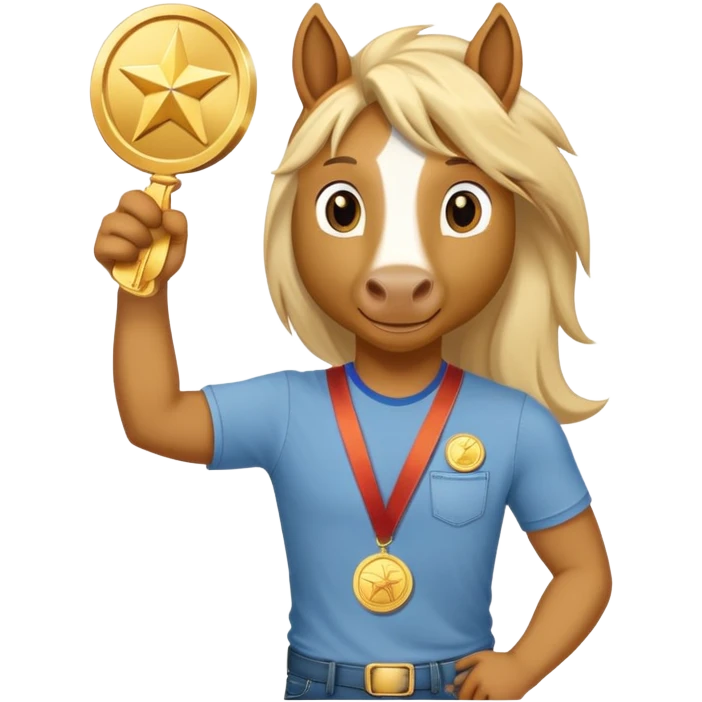 friendly anthropomorphised stallion in jeans and a t-shirt, holding a gold medal emoji