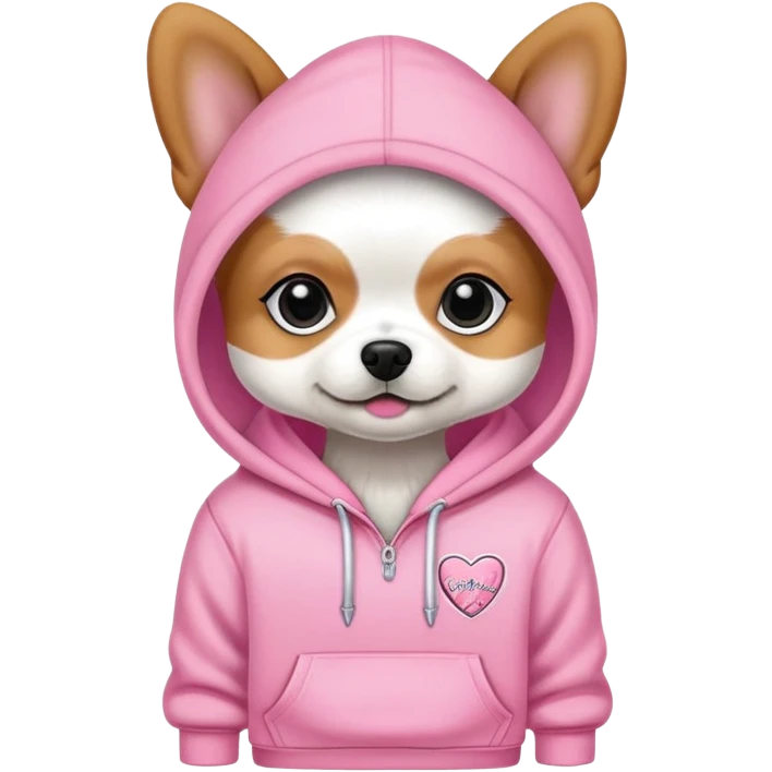 small dog wearing Victoria's Secret pink hoodie with logo emoji