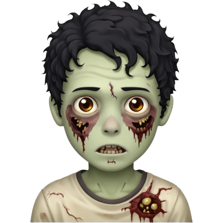 menino com cabelo cacheado e olhos marrons, com aparencia de zumbi emoji