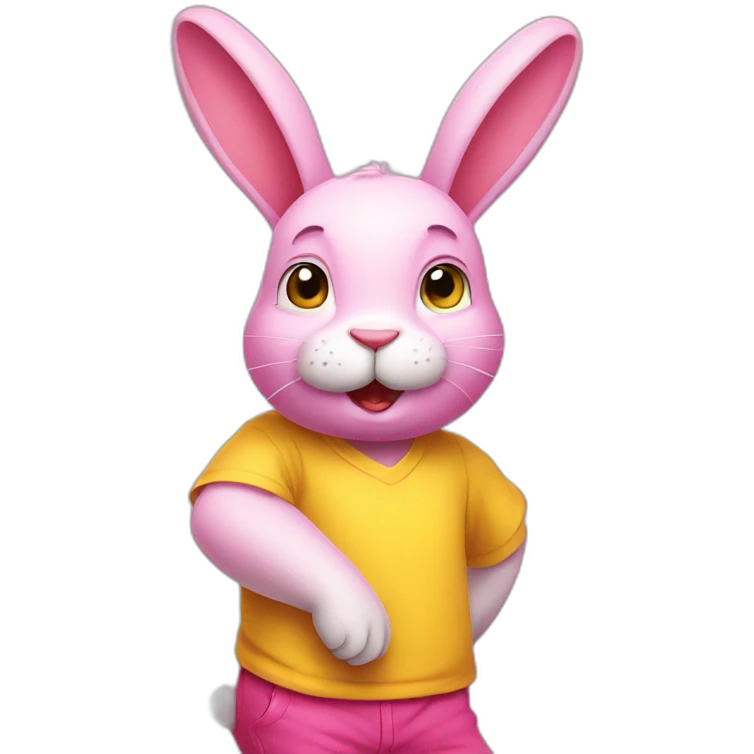 pink rabbit in yellow teeshirt shrugging shoulders emoji