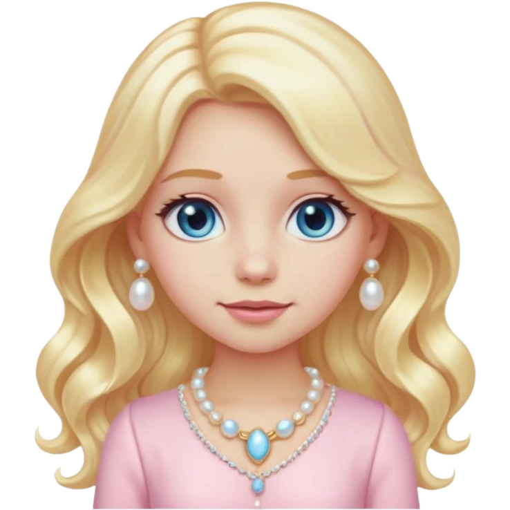 girl emoji with long wavy light golden platinum blonde hair, light blue eyes, pale bright peachy-pink skin tone, wearing a light pastel pink fancy outfit #f3c3cf, pearl hair clip, and light gold jewelry emoji