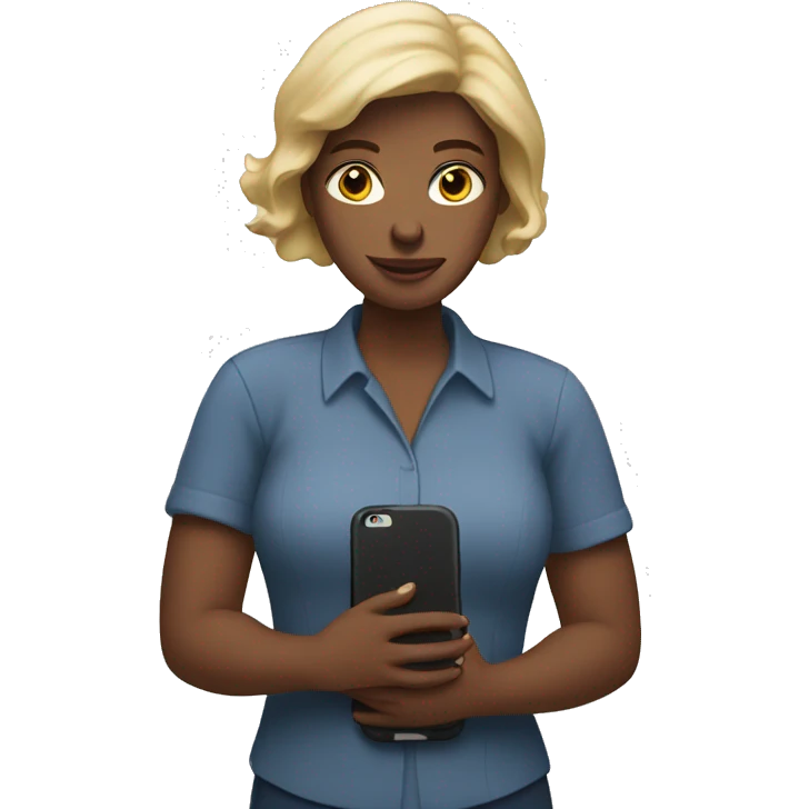 white woman holding big phone emoji
