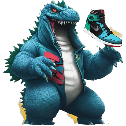Godzilla in graffiti  style, holding Nike Air Jordan 1 sneakers in her hands emoji
