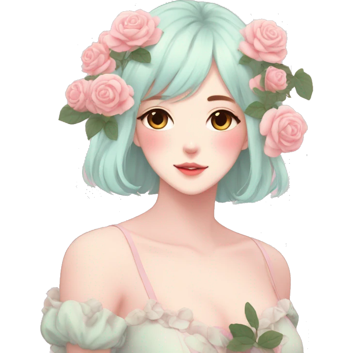 Gorgeous pastel anime style lady with blushing face and roses aesthetic trending style emoji