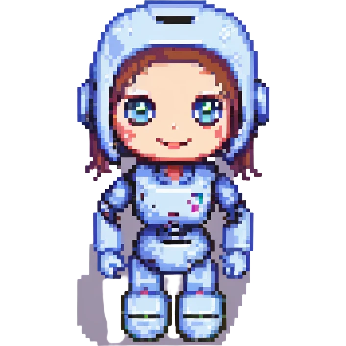 shoulders-up portrait of a cute, friendly female recruiter robot in 8-bit pixel art style, big expressive eyes, smiling, one hand raised as if presenting, less mechanical and more character-like emoji