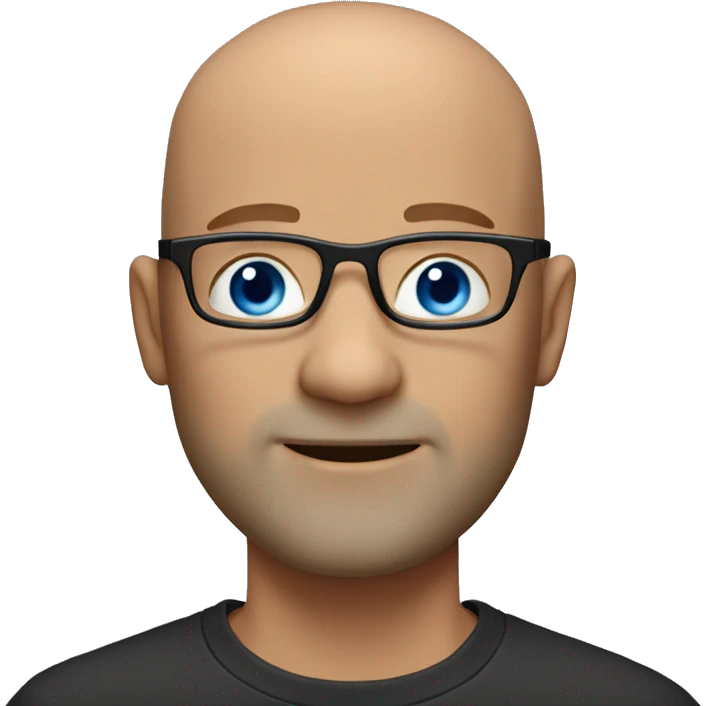 45 year old bald guy with blue eyes, black-framed eyeglasses, red whiskers emoji