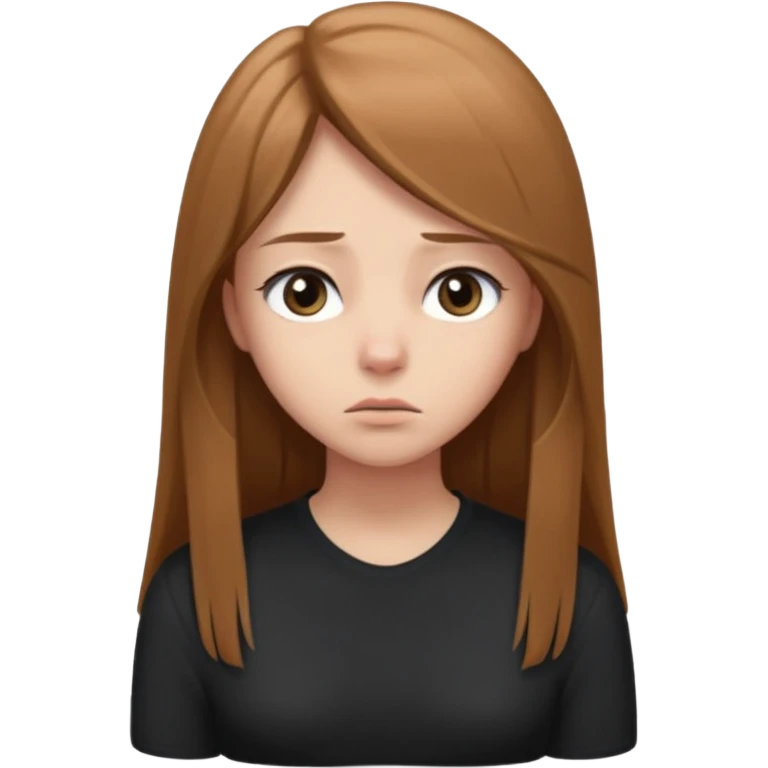 emoji of a girl with long, straight light brown hair, fair skin, soft grey eyes. Wearing a black. Standing slightly apart from a group of people, shoulders slightly hunched, arms loosely at her sides, head tilted down, eyes looking away. Nervous, unsure, miserable, and afraid.  emoji