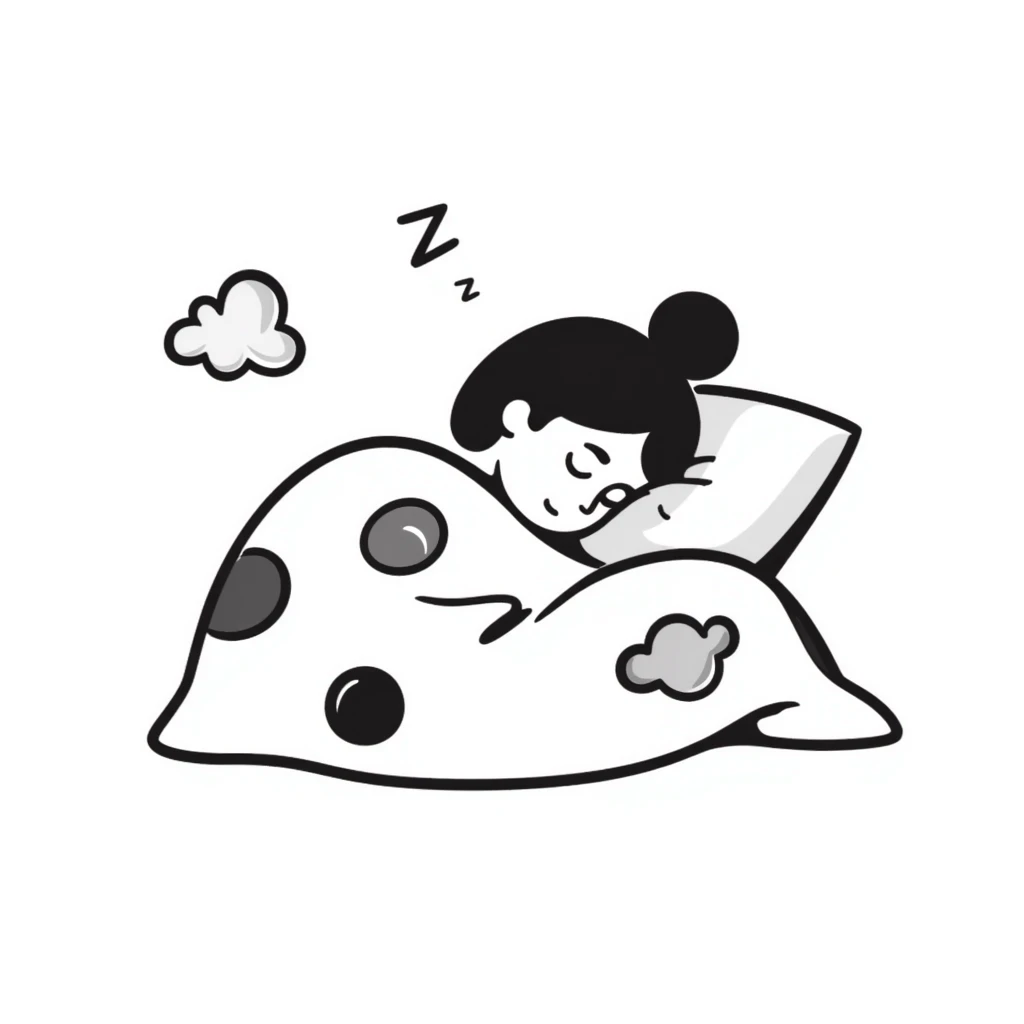 A cute curled-up sleeping person under a colorful blanket with peaceful smile and soft Z's floating. Cozy feeling with gentle pastel colors. Hand-drawn doodle style. emoji