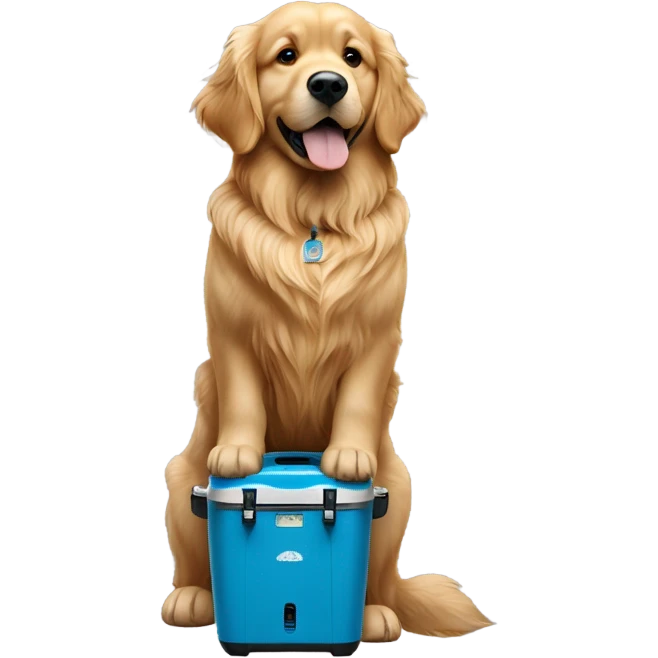 Golden retriever standing on blue yeti cooler  emoji