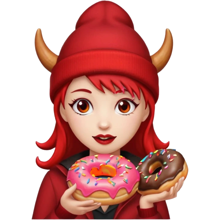 female devil wearing beanies holding donut emoji