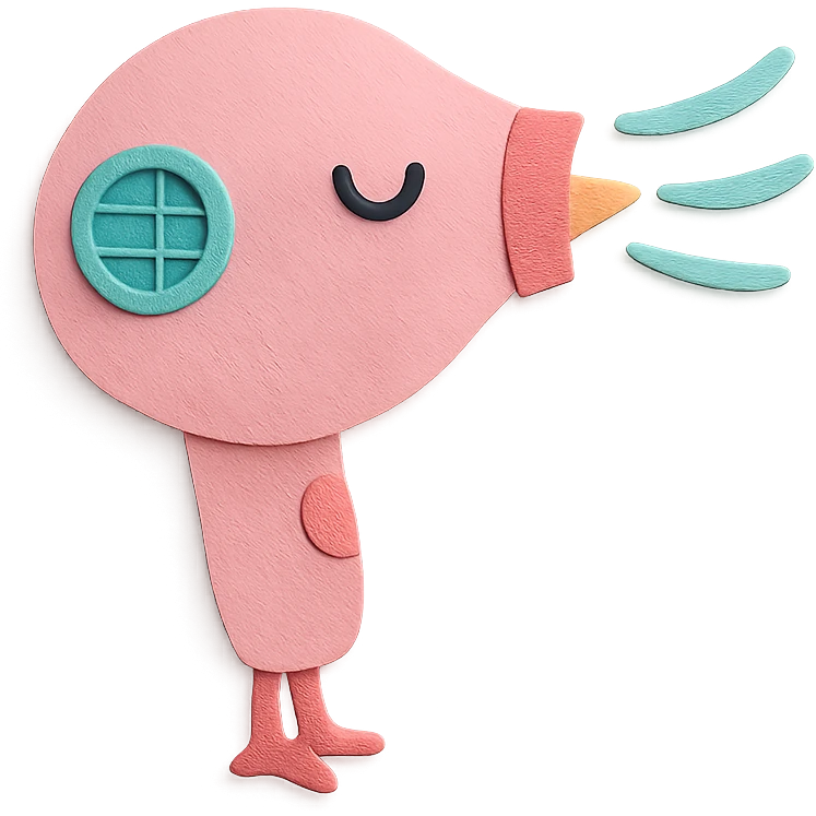 cute hair dryer bird blowing gentle air with a happy face, soft pink, full-body emoji