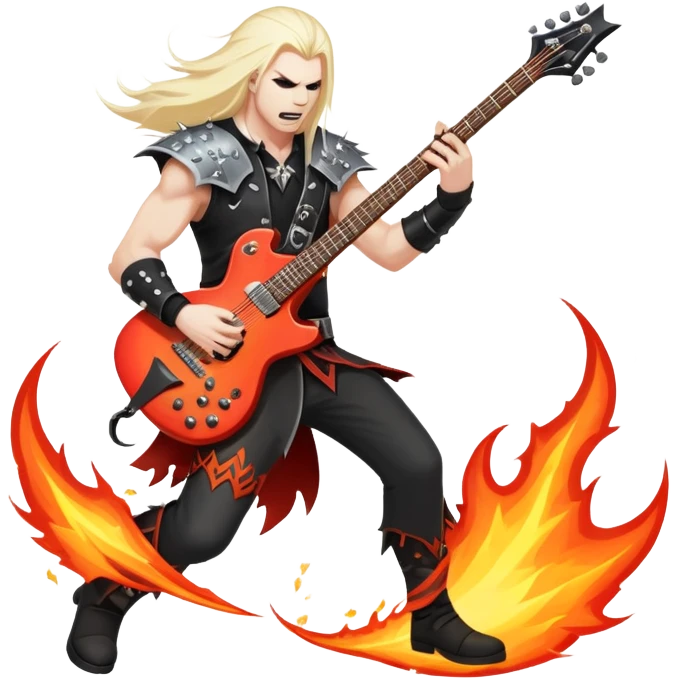 An icon showing a rock musician wielding a guitar in an epic battle, inspired by Brutal Legend. The design features fiery backgrounds, musical notes floating in the air, and electrifying stage lights, capturing the power of music and combat. Transparent background highlights the energy. emoji