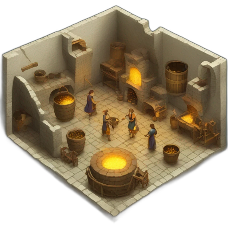 open floor plan of a medieval mint showing different people working, one person on the furnace, some people molding liquid gold into coins emoji