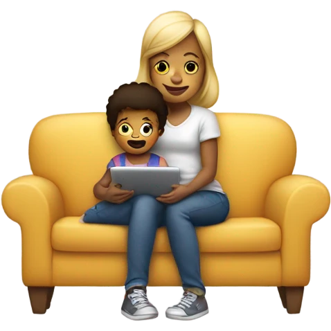 young kid sitting on mothers lap on sofa on the ipad emoji