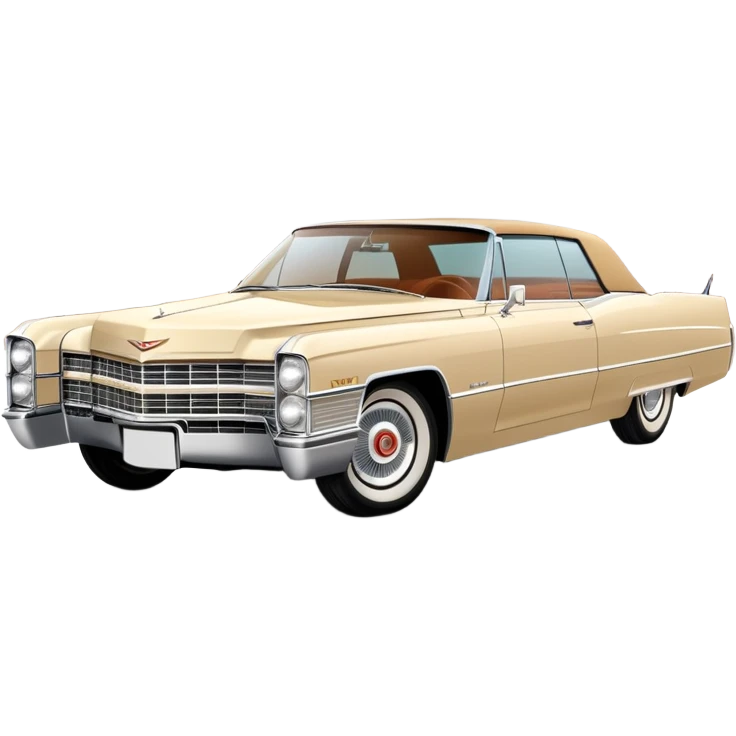 Classic beige 1966 Cadillac DeVille at perfect 30-degree angle, showing detailed front end and sleek side profile, elegant vintage luxury car from Once Upon a Hollywood, iOS emoji style emoji